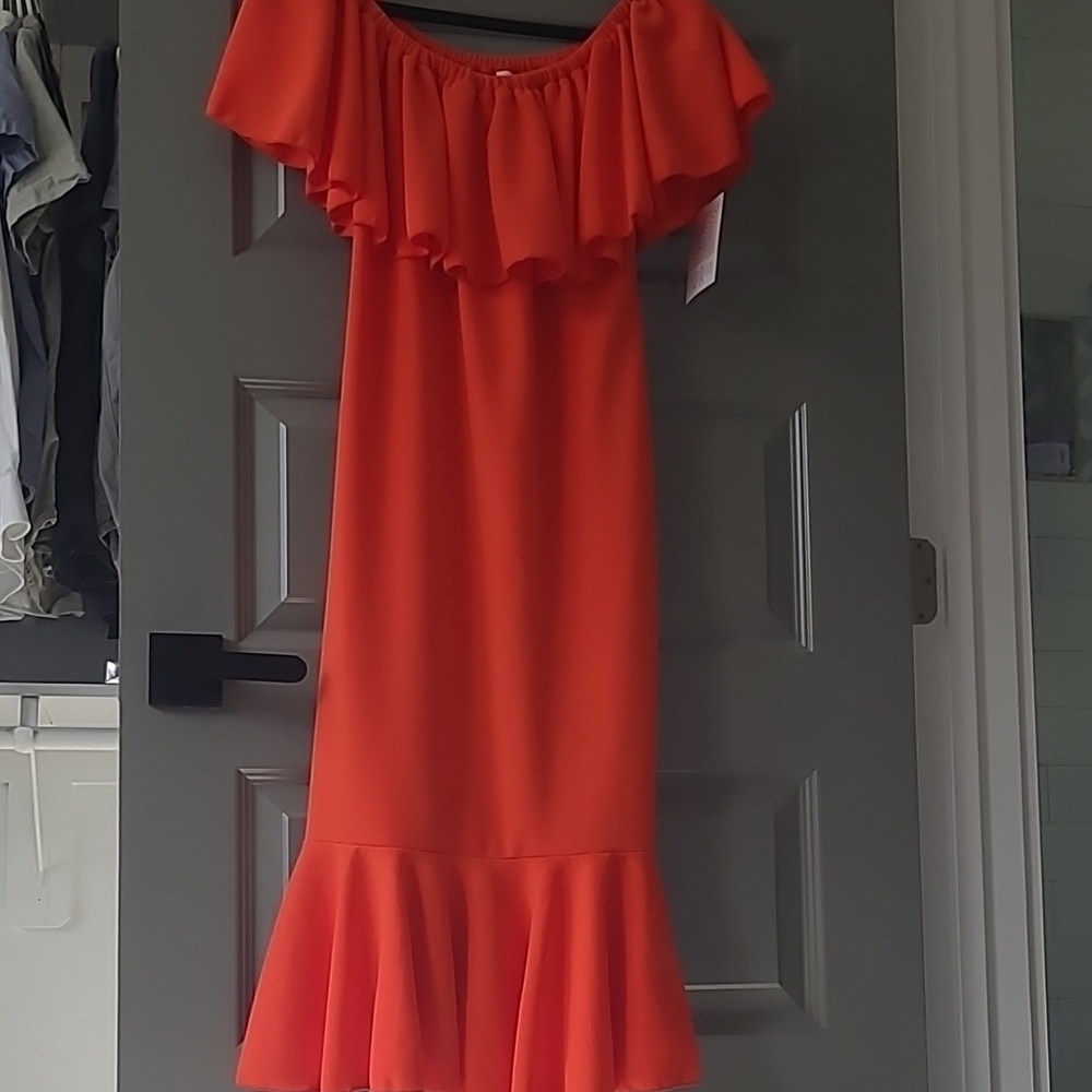 LuLaRoe Orange Ruffled Off the Shoulder Midi Dress